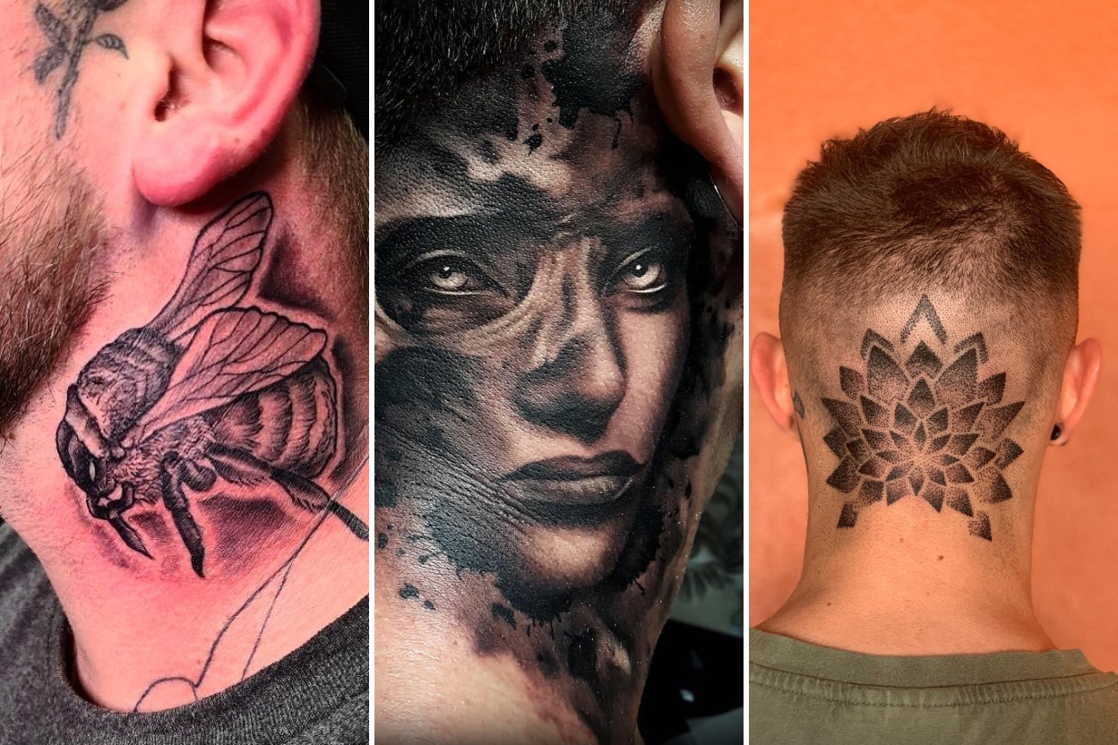 Aesthetic neck tattoo designs for men and delicate ink ideas collage