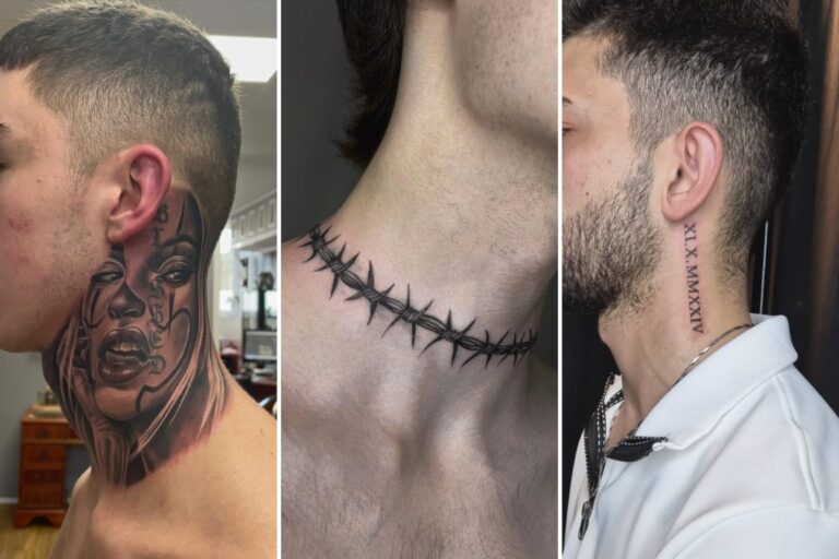 Aesthetic neck tattoos for men and delicate ink ideas collage