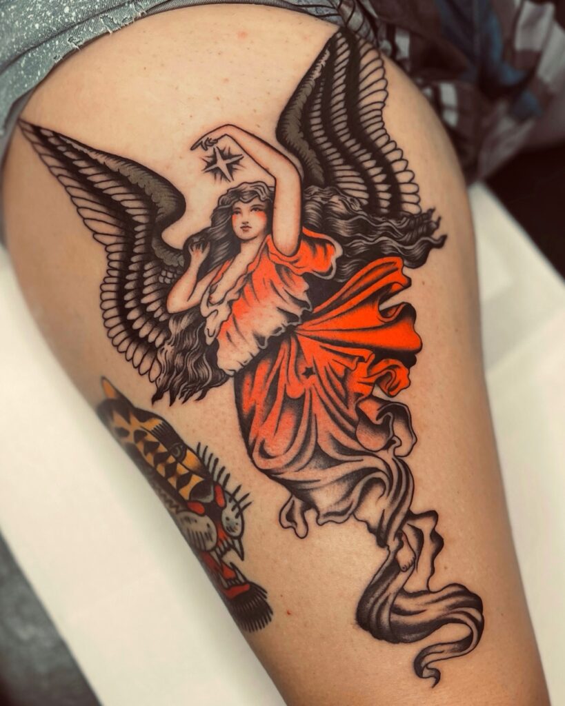 Neo-Traditional Angel Tattoo angel tattoo ideas tattoo