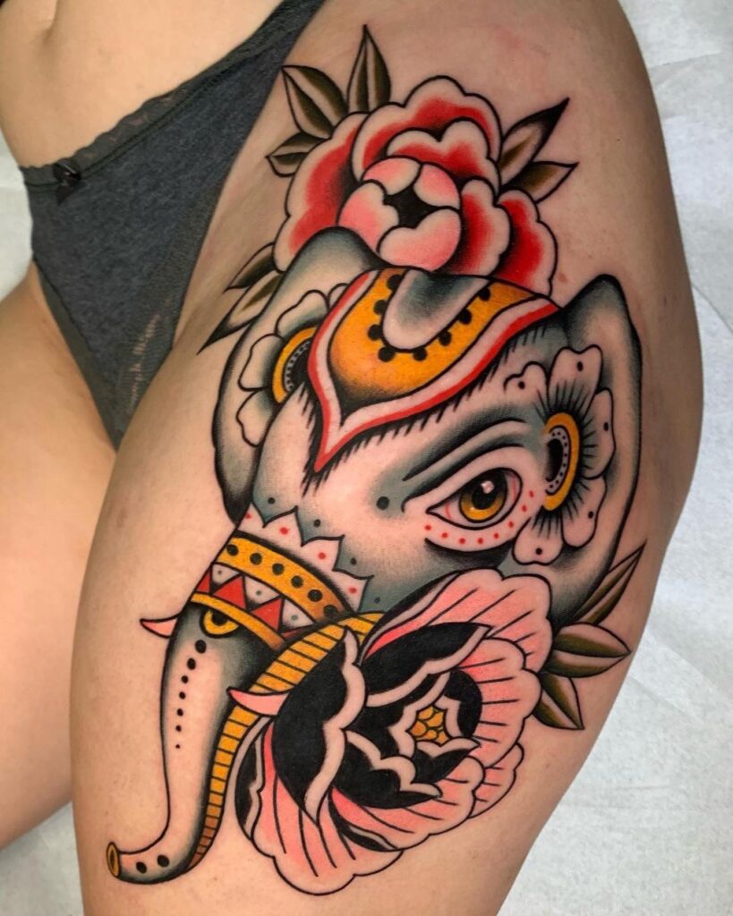 Neo traditional elephant tattoo with flowers