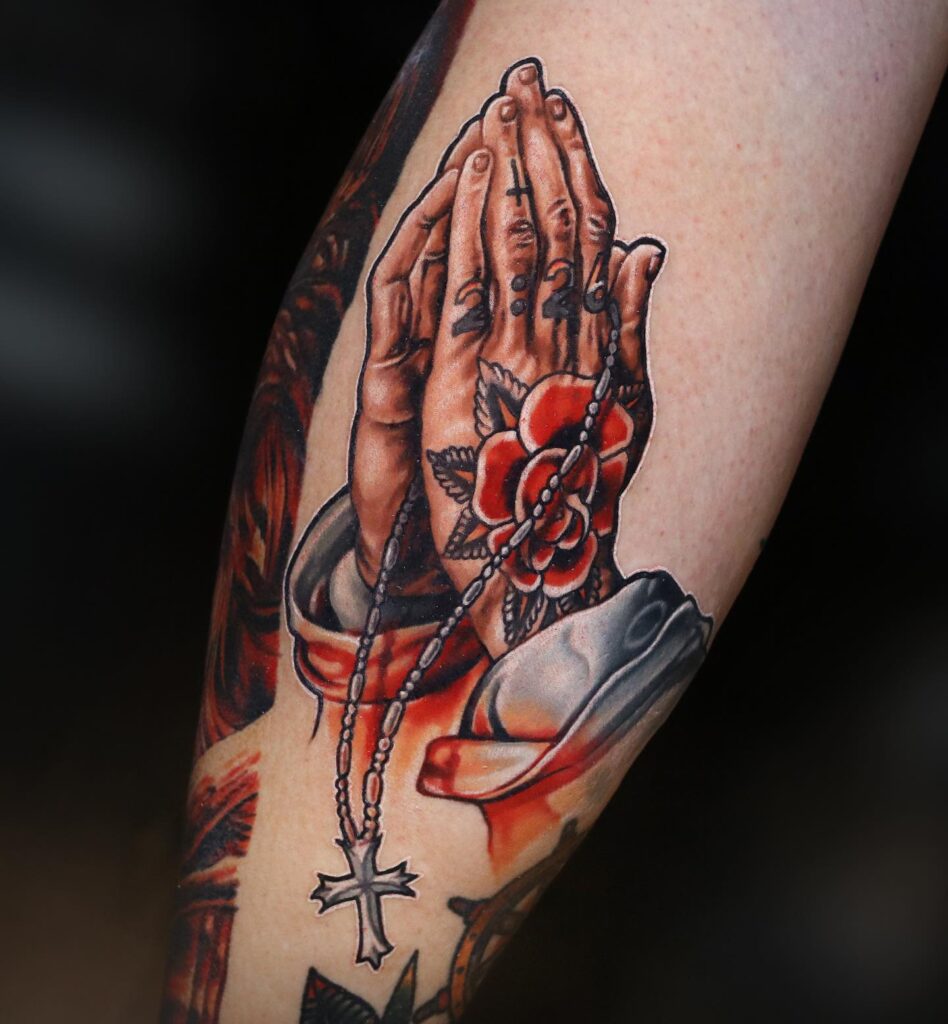 Neo-Traditional Praying Hands with Rose and Rosary Tattoo praying hands tattoos tattoo