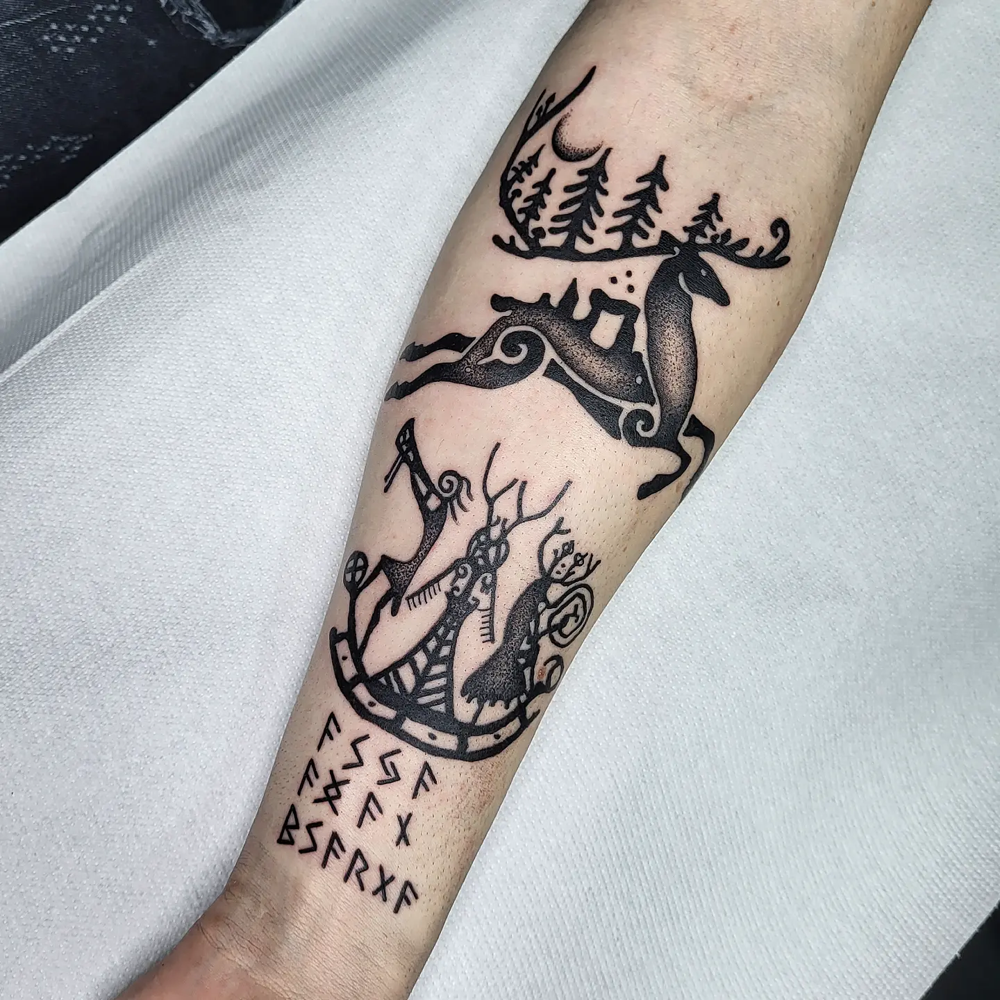 Nordic Deer And Viking Ship Tattoo