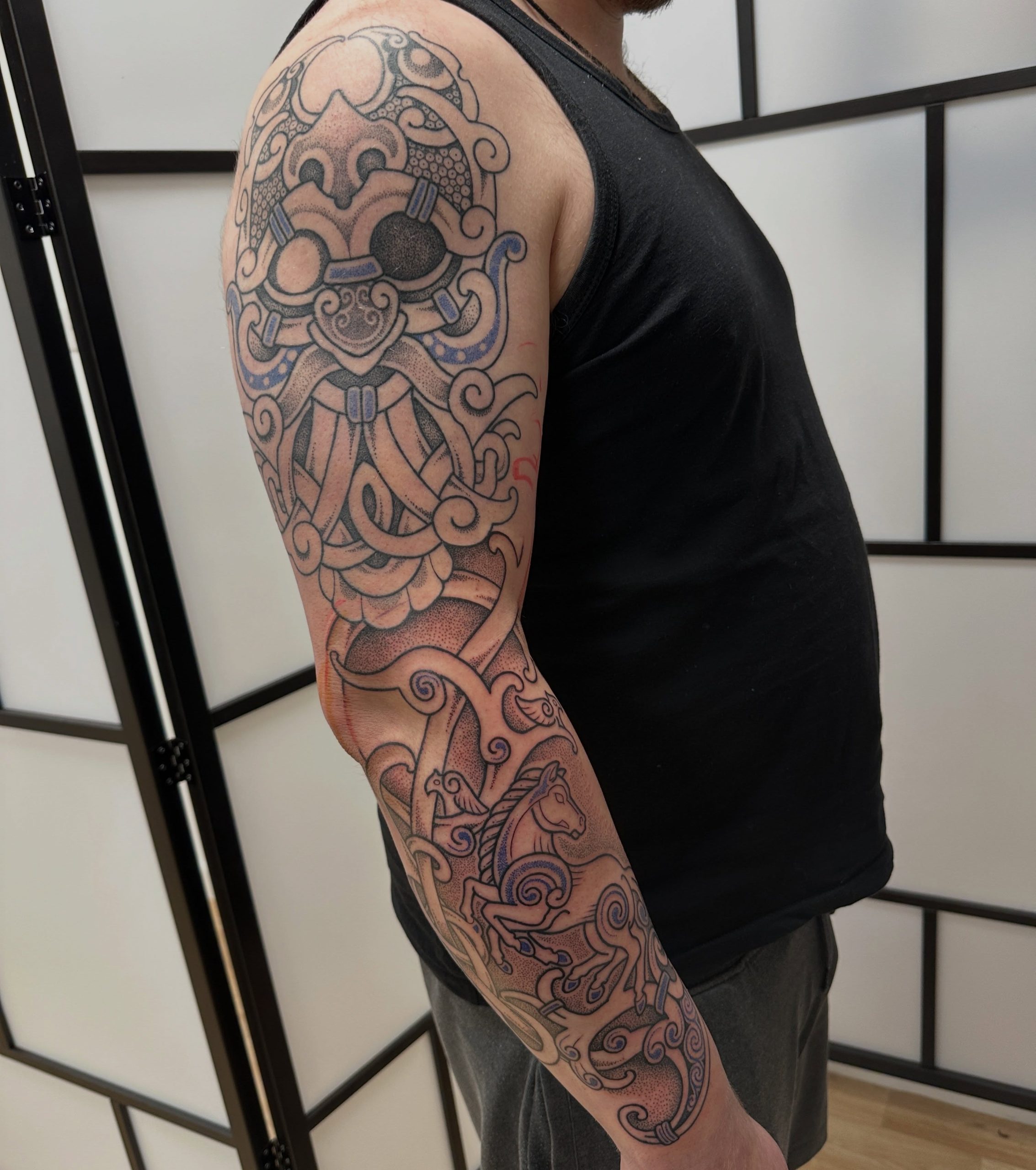 Norse Warrior Mask And Horse Sleeve Tattoo