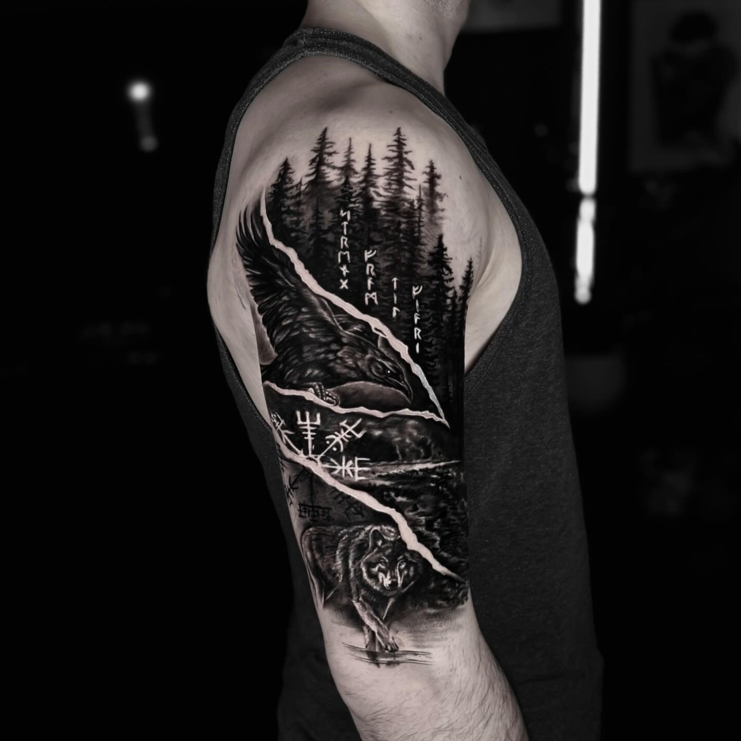 Raven And Wolf Nordic Sleeve Tattoo