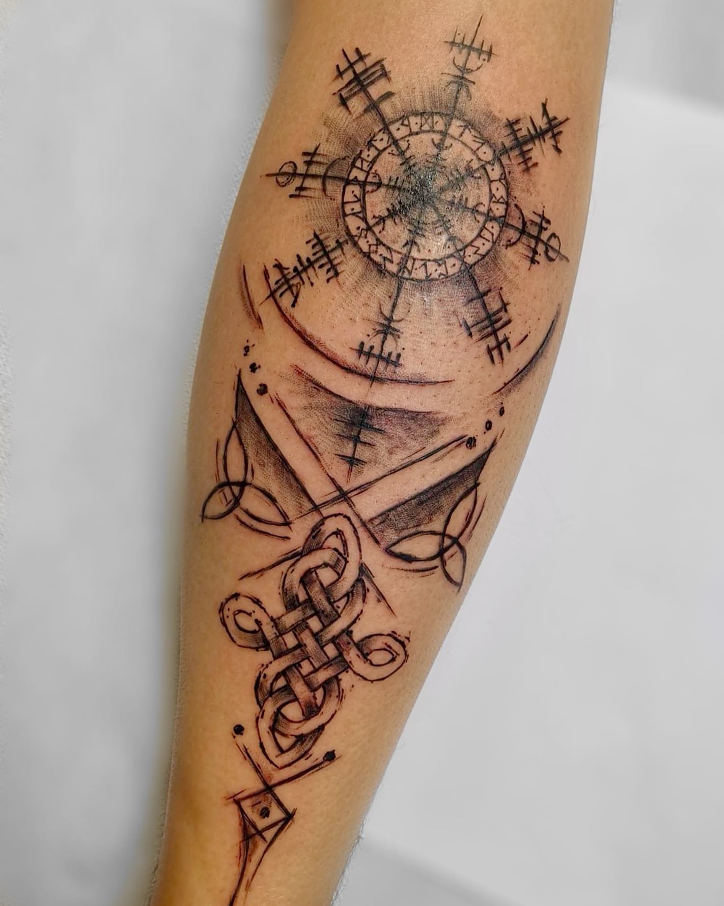 Vegvisir And Crossed Swords Nordic Tattoo