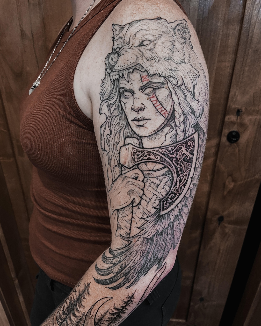 Viking Shieldmaiden And Axe Nordic Tattoo