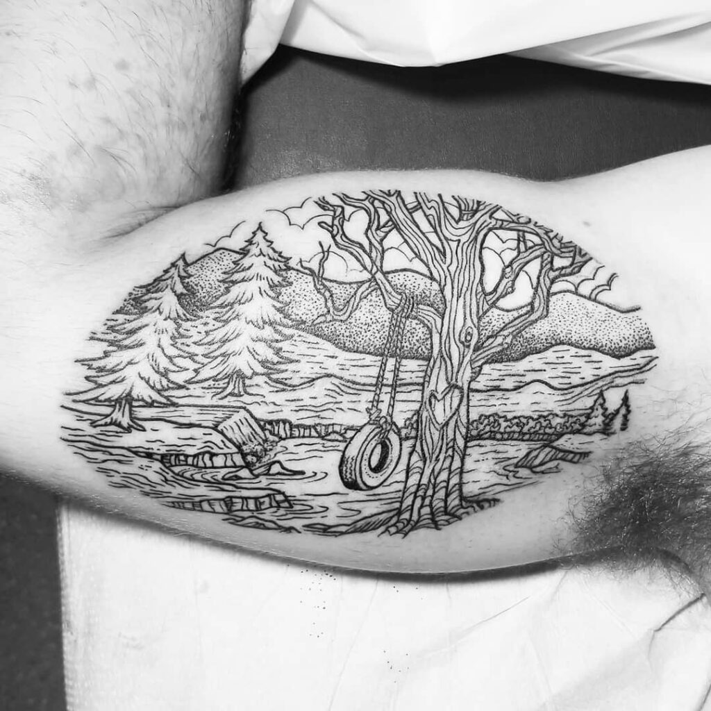 Nostalgic Lake Shore Tire Swing nature scene tattoo