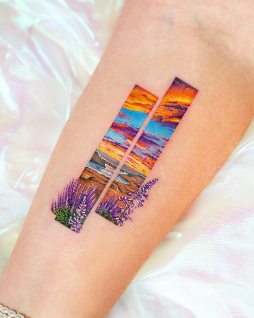 Ocean Sunset with Distant Island Silhouette nature scene tattoo