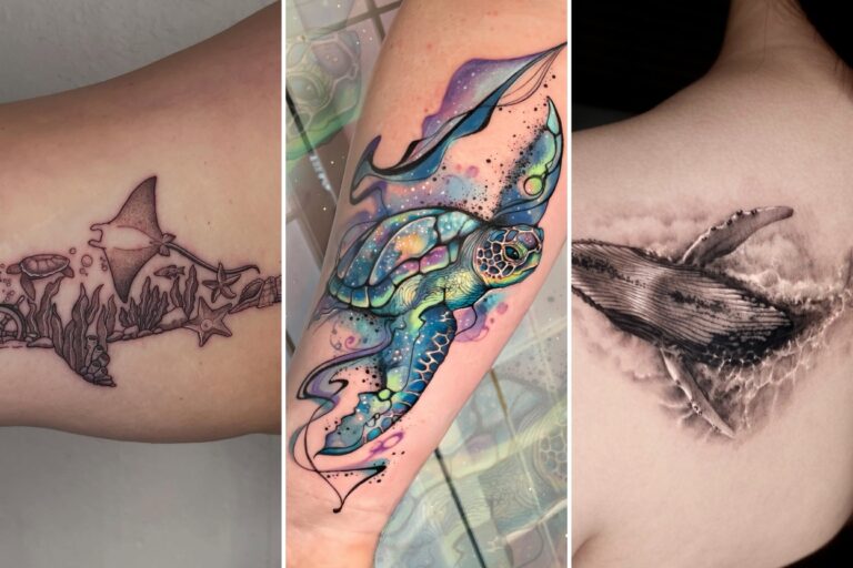 Aesthetic ocean tattoos and delicate ink ideas collage