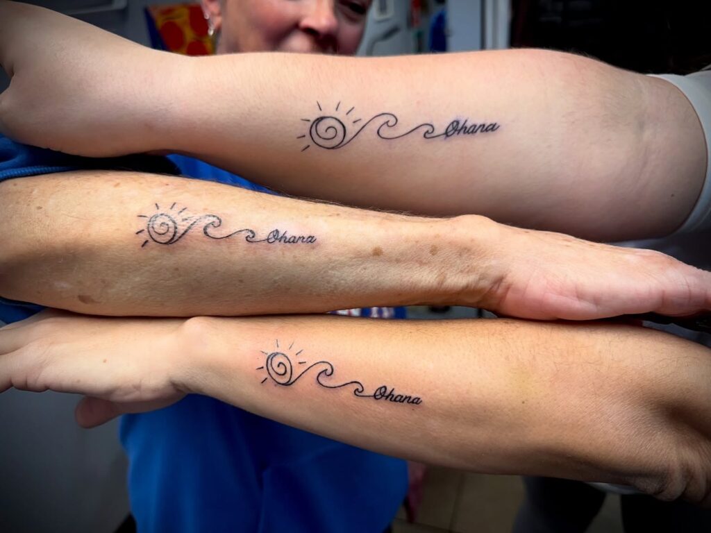 Ohana Script with Rolling Ocean Wave matching family tattoo