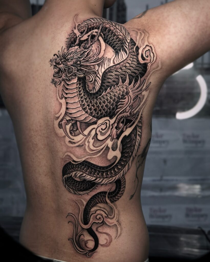 Oriental Dragon Half-Back Tattoo with Flowing Energy back tattoos for guys tattoo