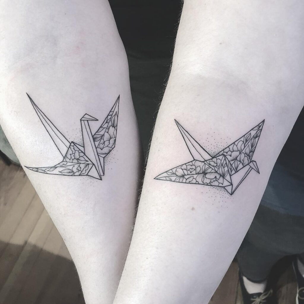Origami Cranes with Cherry Blossom Sprigs matching sibling tattoo