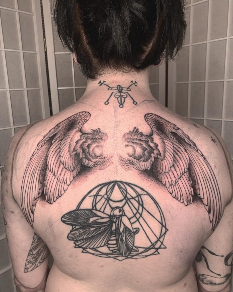 Ornamental Angel Wings with Spiral Feather Design angel wings tattoo ideas on back tattoo
