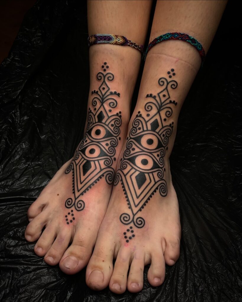 Ornamental Lotus And Mandala Foot Tattoo With Unalome Symbol