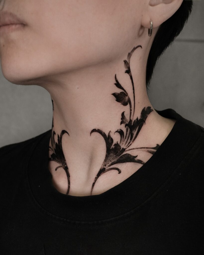 Sword And Crescent Moon Neck Tattoo