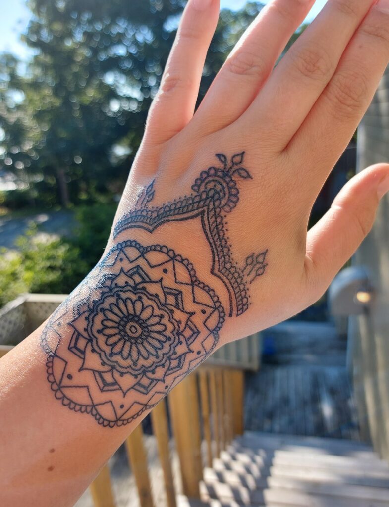 Ornamental Mandala Hand Tattoo with Lace Accents mandala wrist tattoo ideas tattoo