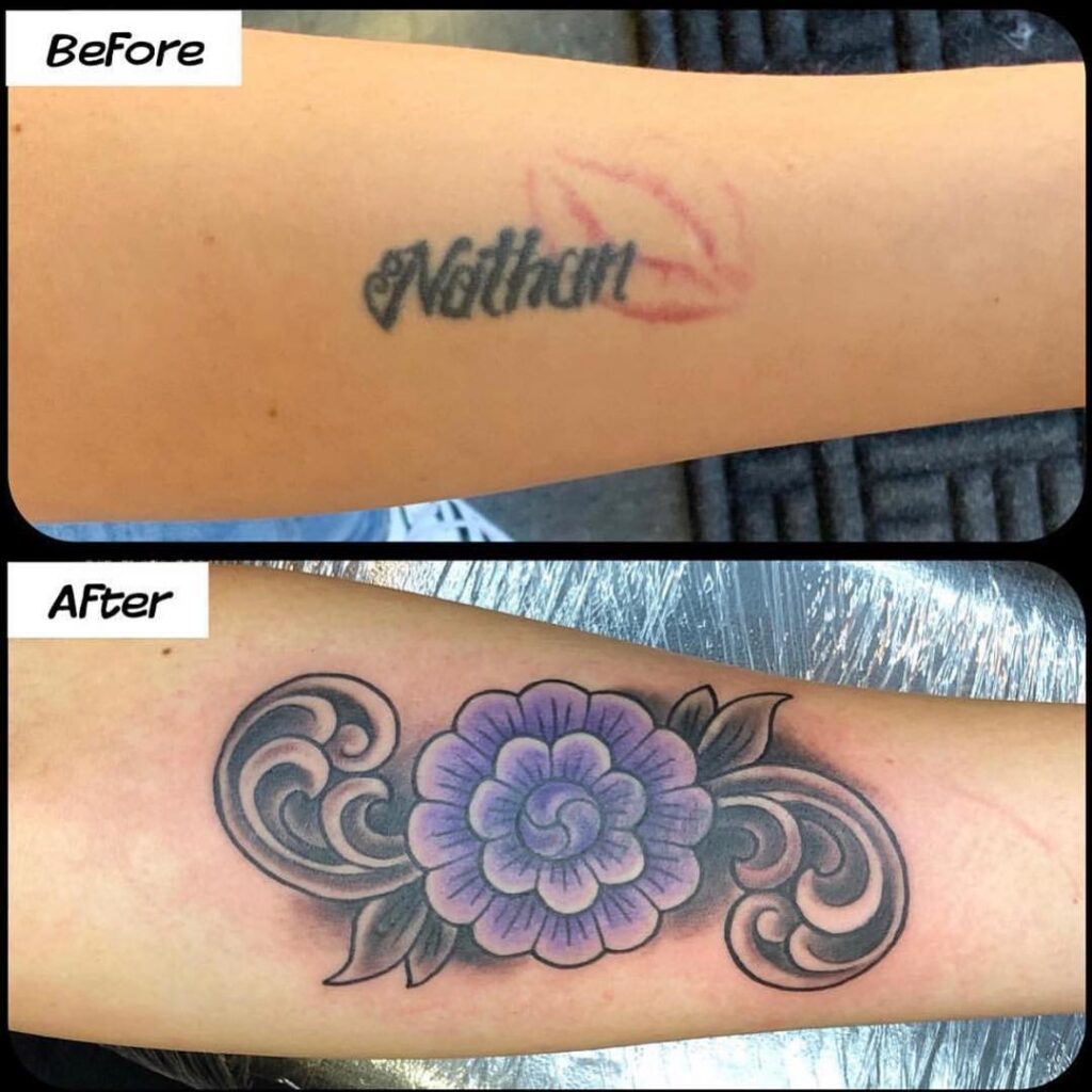 Bold Black Rose Name Cover-Up Tattoo