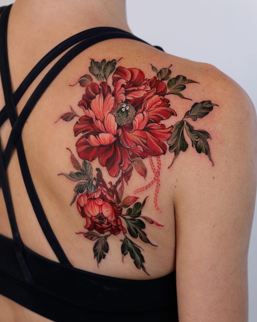Ornamental Red Peony Shoulder Tattoo women shoulder flower tattoo ideas tattoo