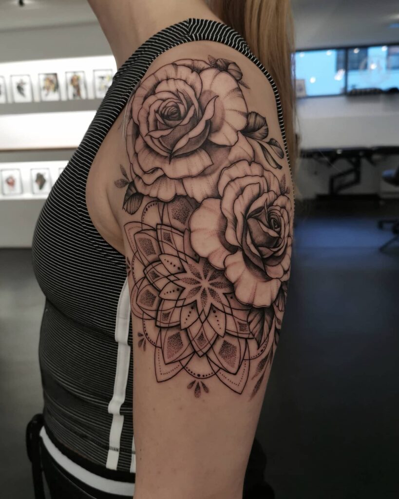 Ornamental Rose and Mandala Shoulder Tattoo women shoulder flower tattoo ideas tattoo