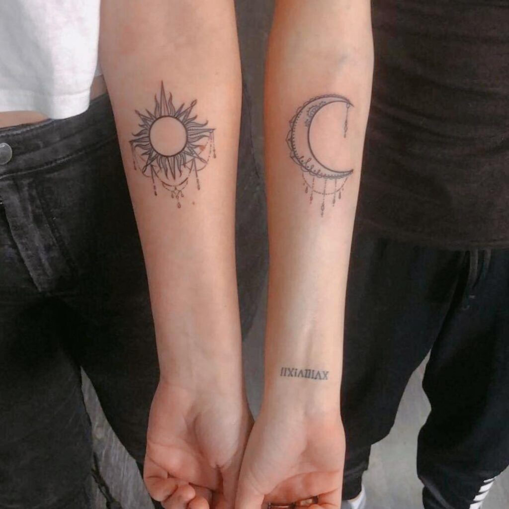 Ornamental Sun and Moon Tattoos for Best Friends matching best friend tattoos tattoo
