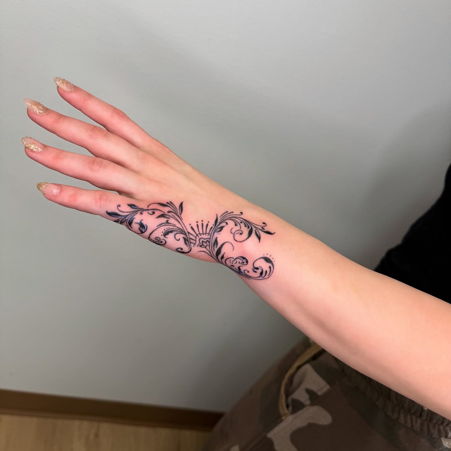 Moon And Botanical Fine Line Hand Tattoo