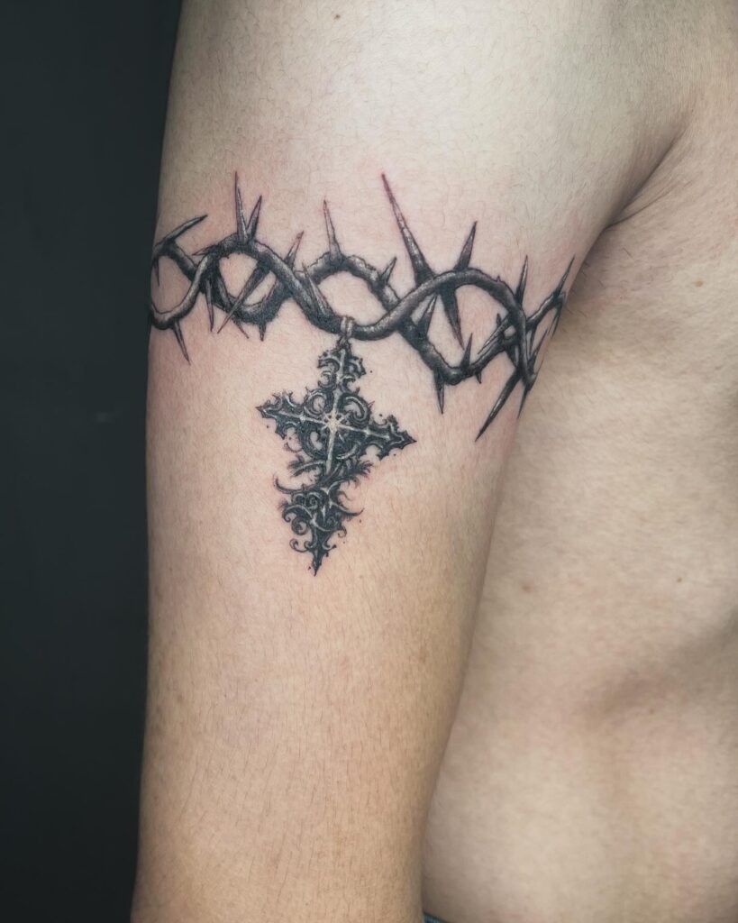 Ornate Cross and Crown of Thorns Arm Tattoo cross tattoos for men tattoo