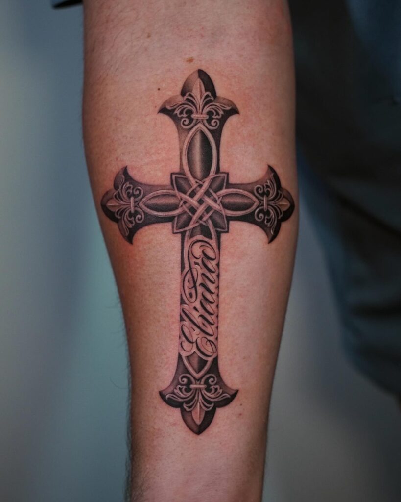 Ornate Cross with Name Inscription Forearm Tattoo cross tattoos for men tattoo