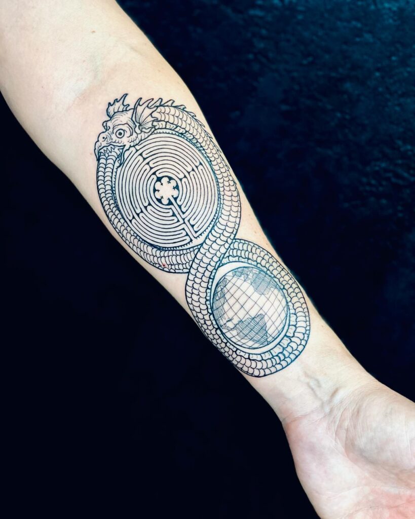 Wolf Ouroboros Tattoo With Wild Linework