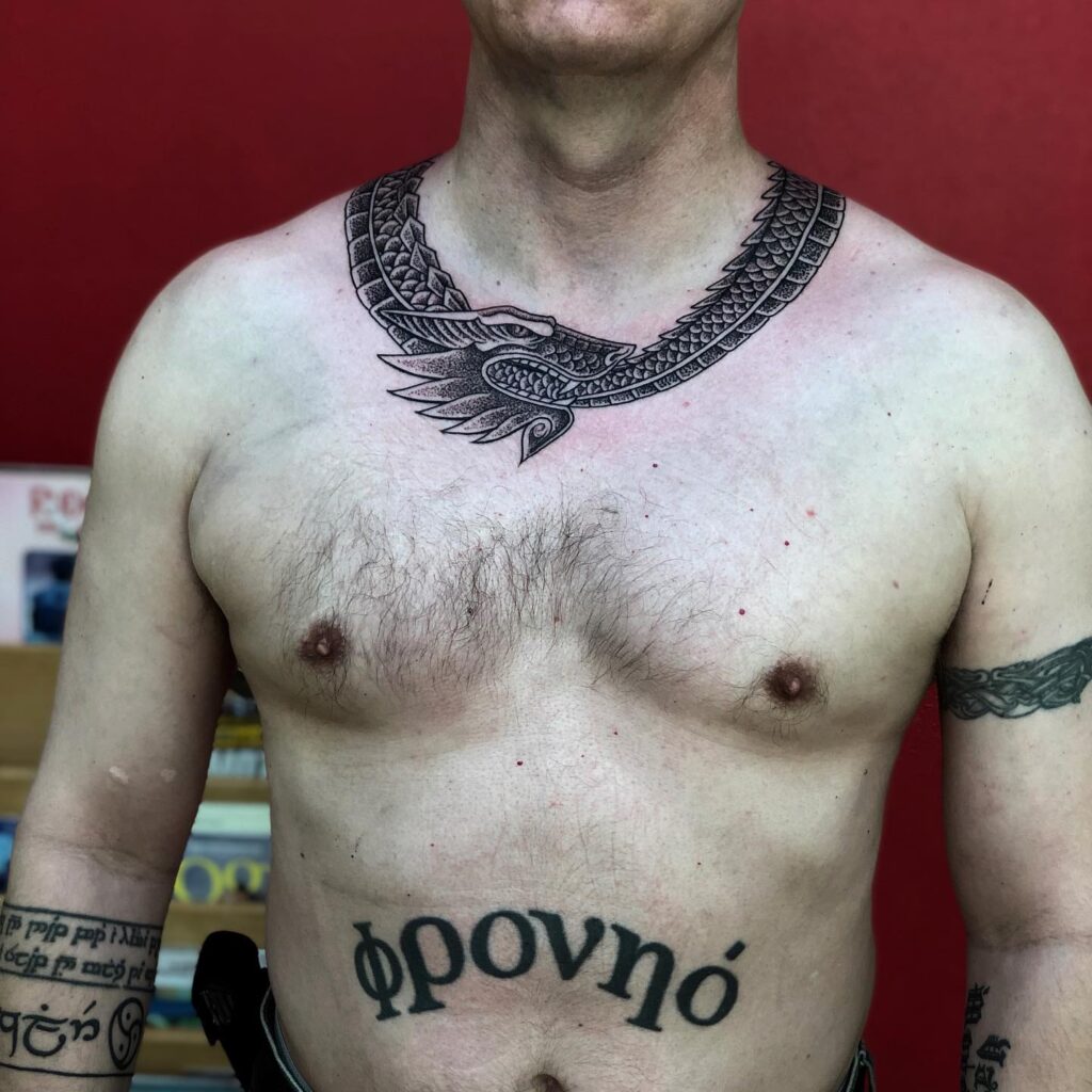 Realistic Rosary Bead Necklace Tattoo With Cross