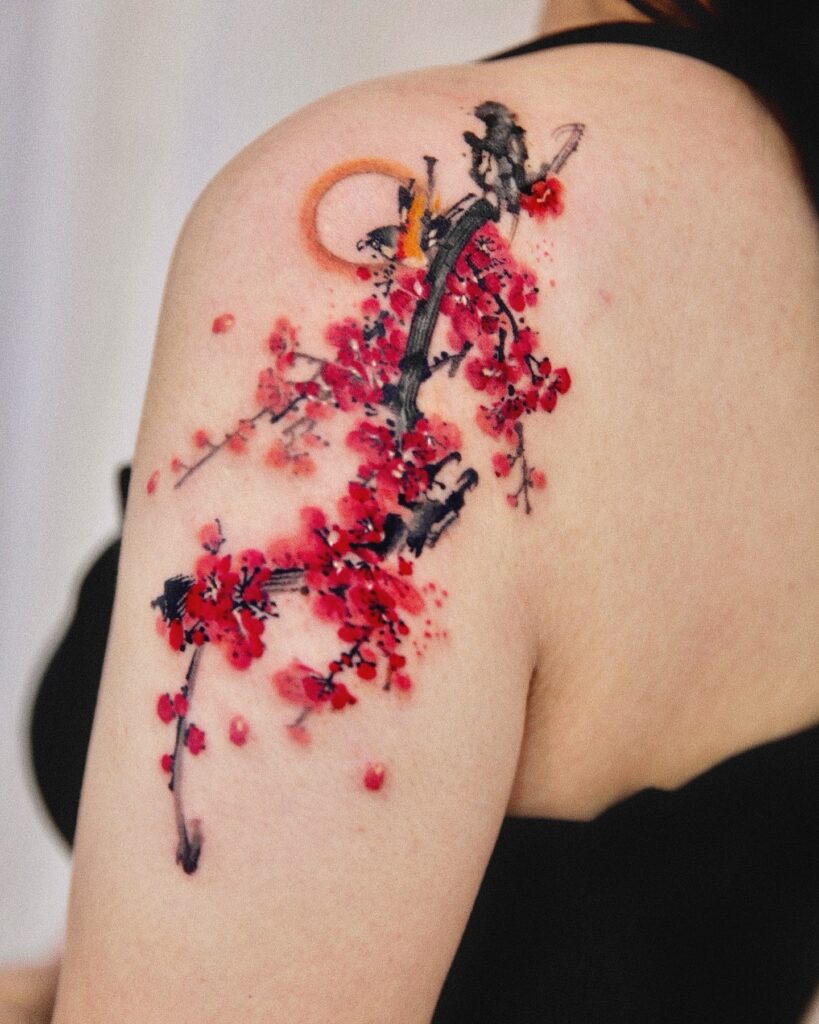 Painterly Cherry Blossom and Samurai Tattoo cherry blossom tattoo ideas tattoo
