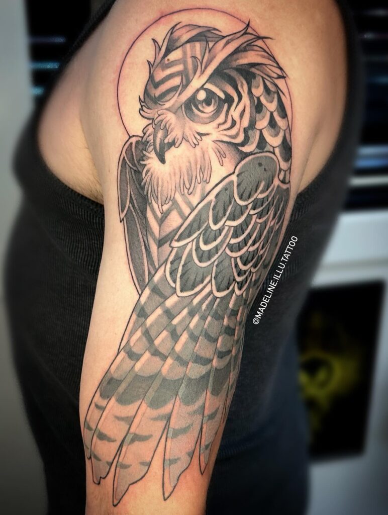 Patterned Owl Half Sleeve Tattoo half sleeve tattoos for men tattoo