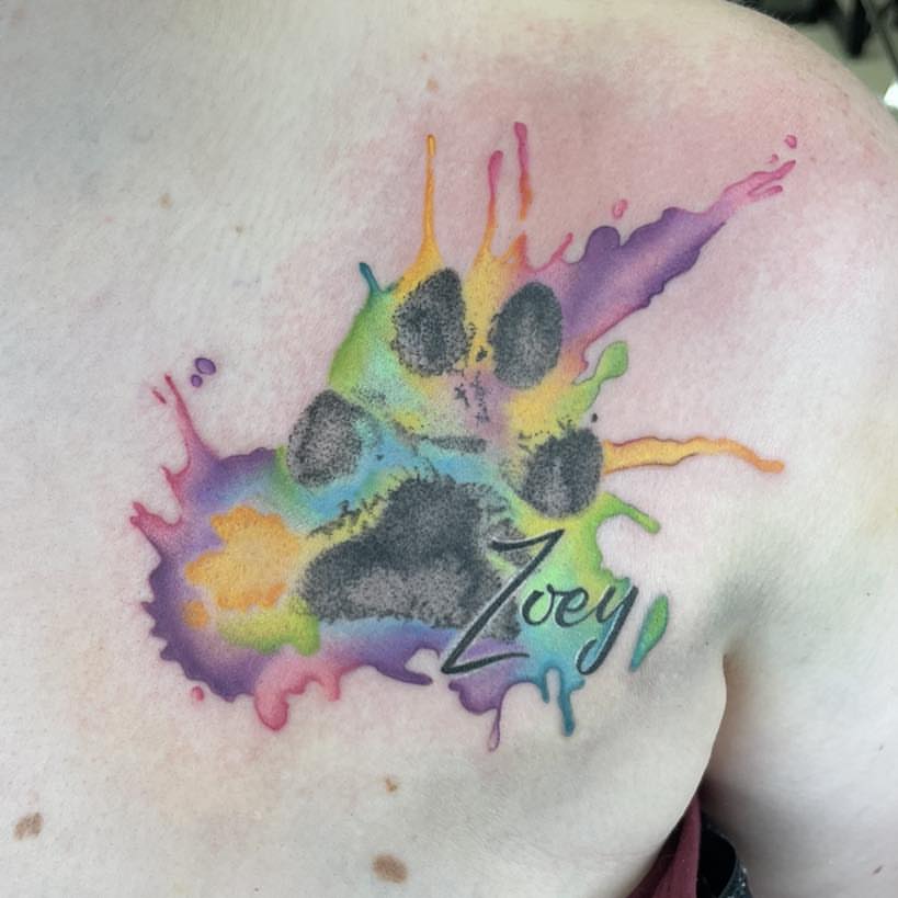 Paw Print on a Colorful Watercolor Splash Background pet memorial tattoos tattoo