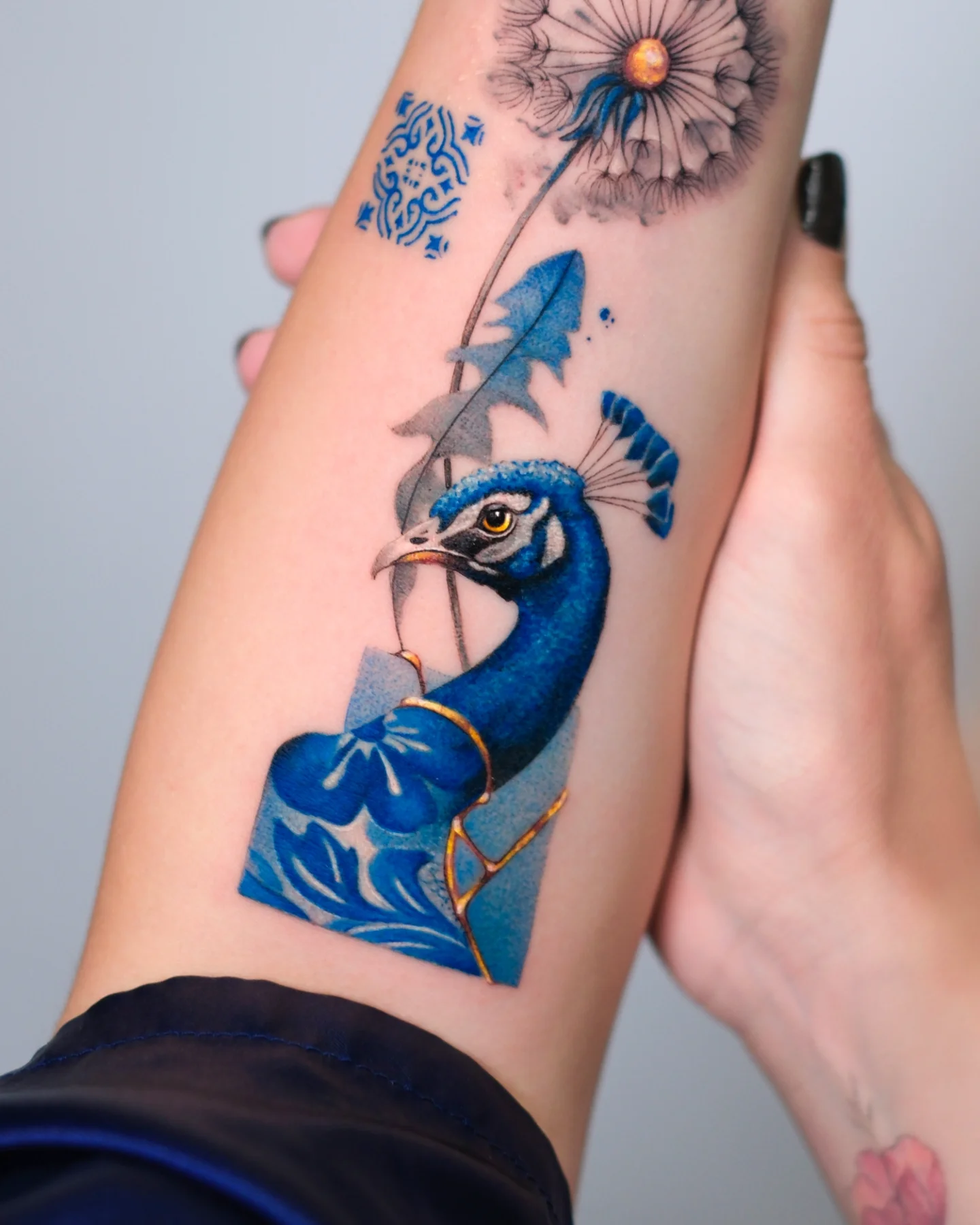 Blue Peacock And Dandelion Tattoo