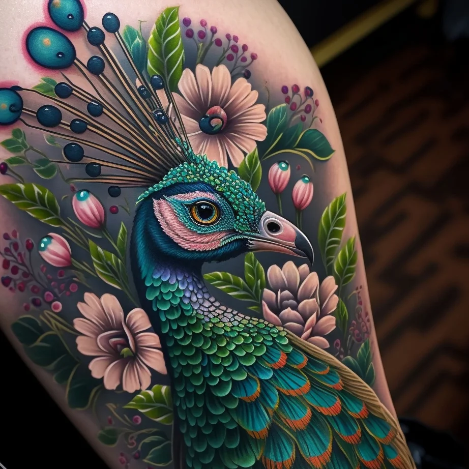 Floral Peacock Portrait Tattoo