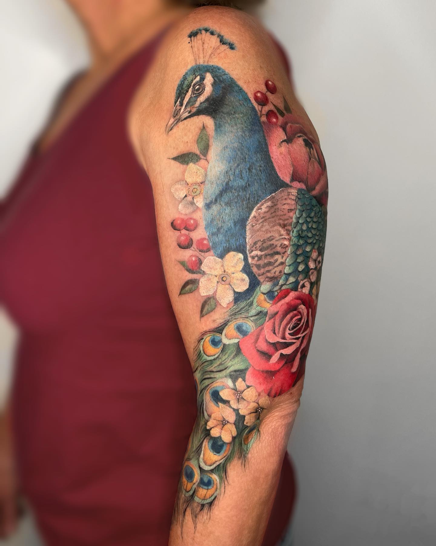 Floral Peacock Sleeve Tattoo