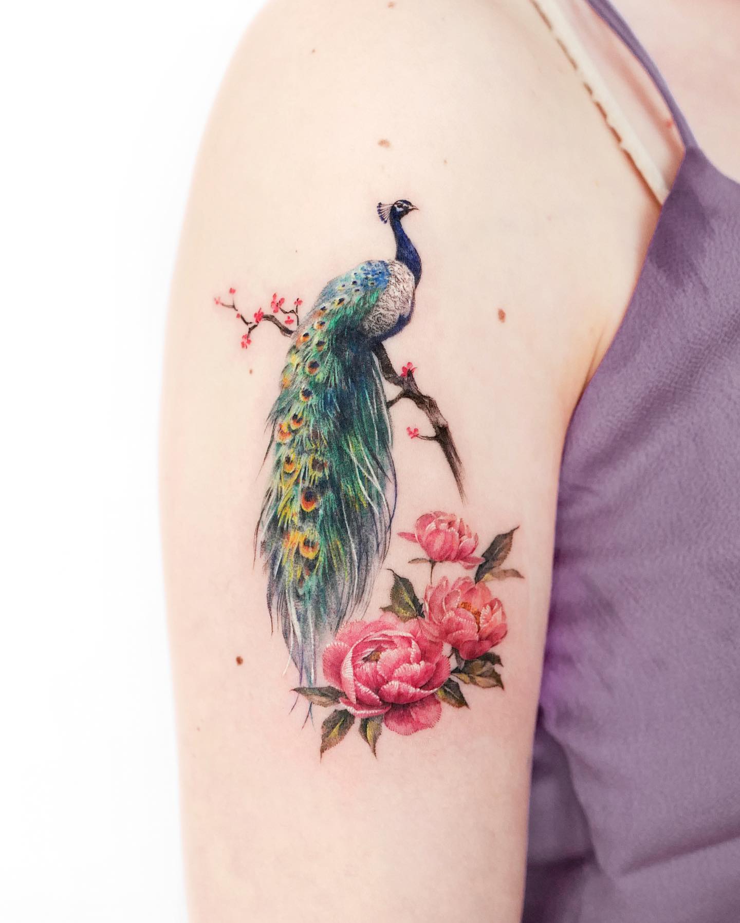 Peacock And Peony Branch Tattoo