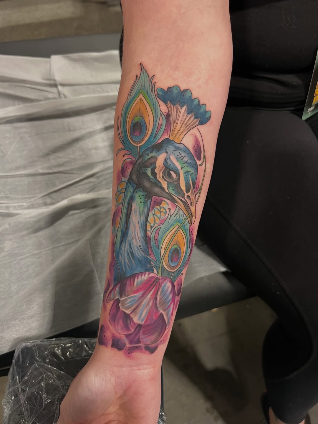 Peacock And Purple Flower Tattoo