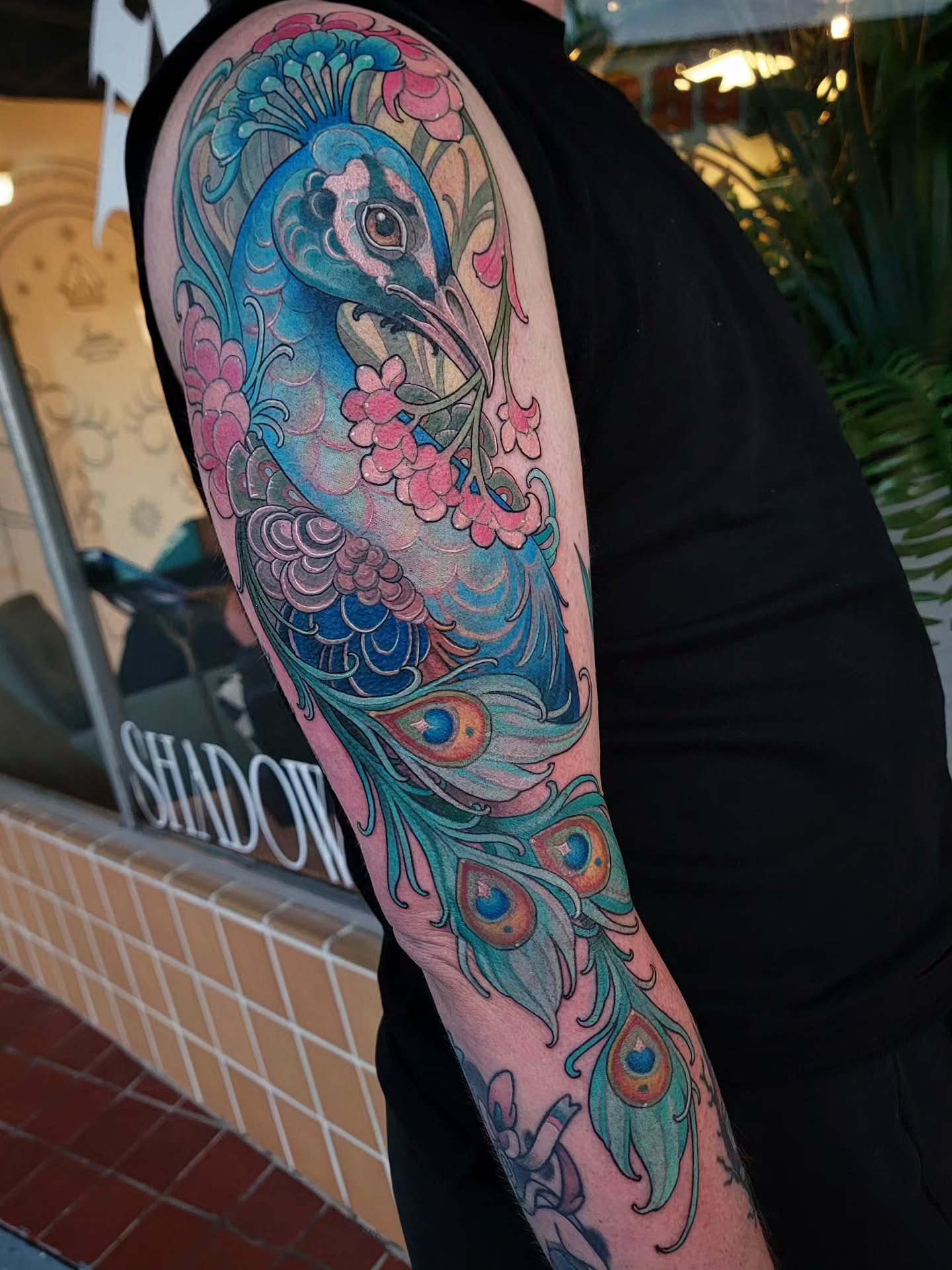 Peacock Sleeve With Cherry Blossoms Tattoo