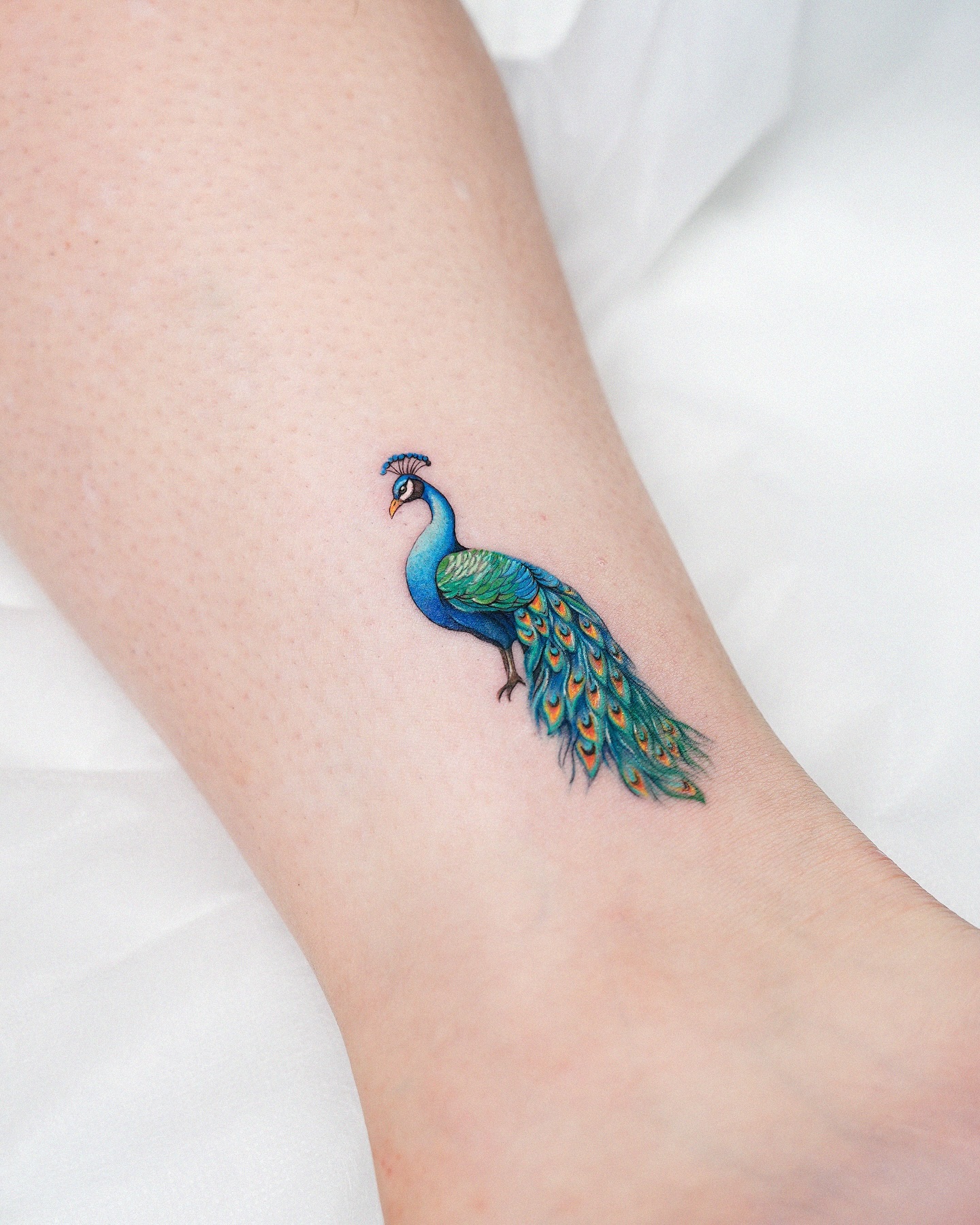 Tiny Peacock Ankle Tattoo