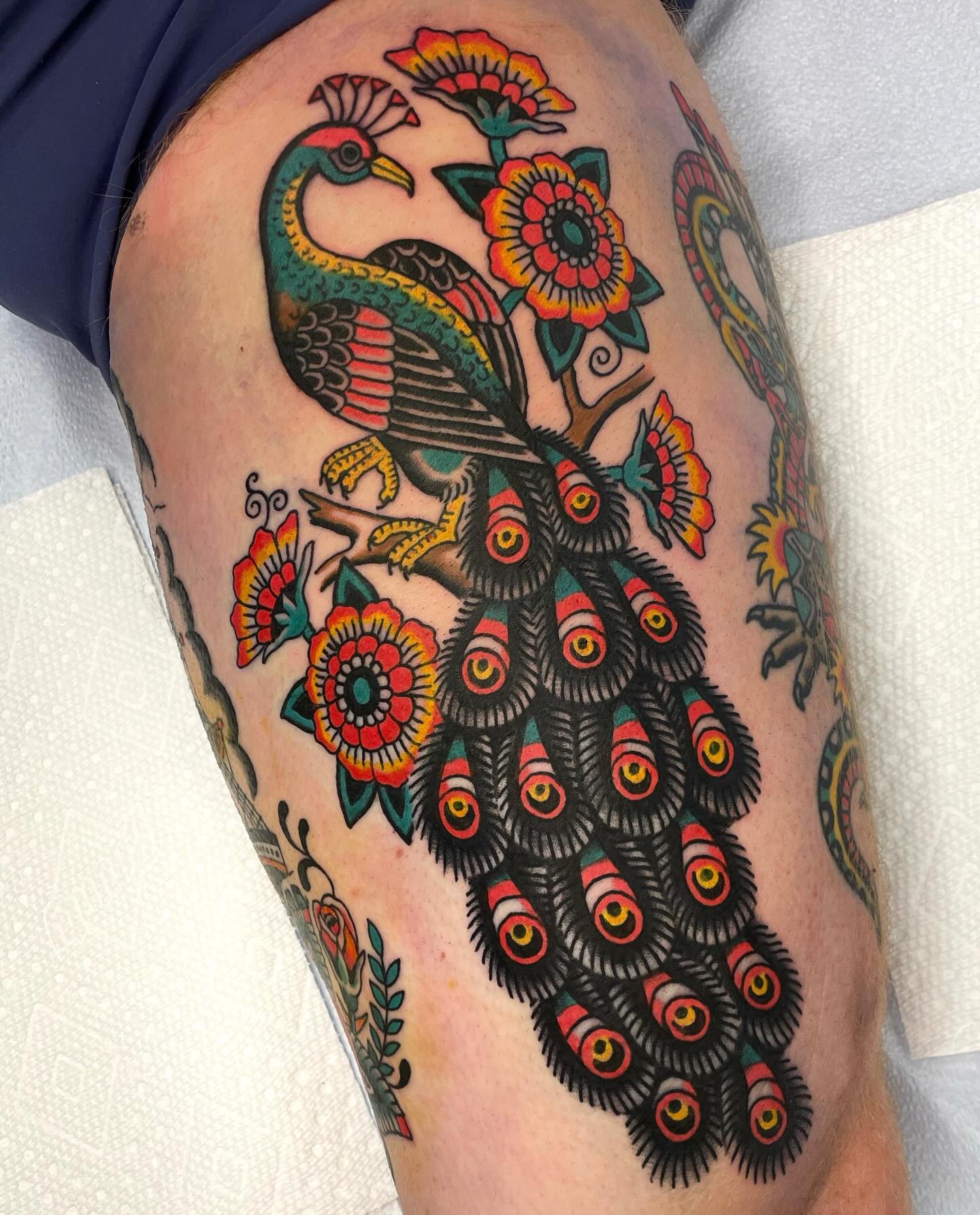 Traditional Peacock And Floral Tattoo