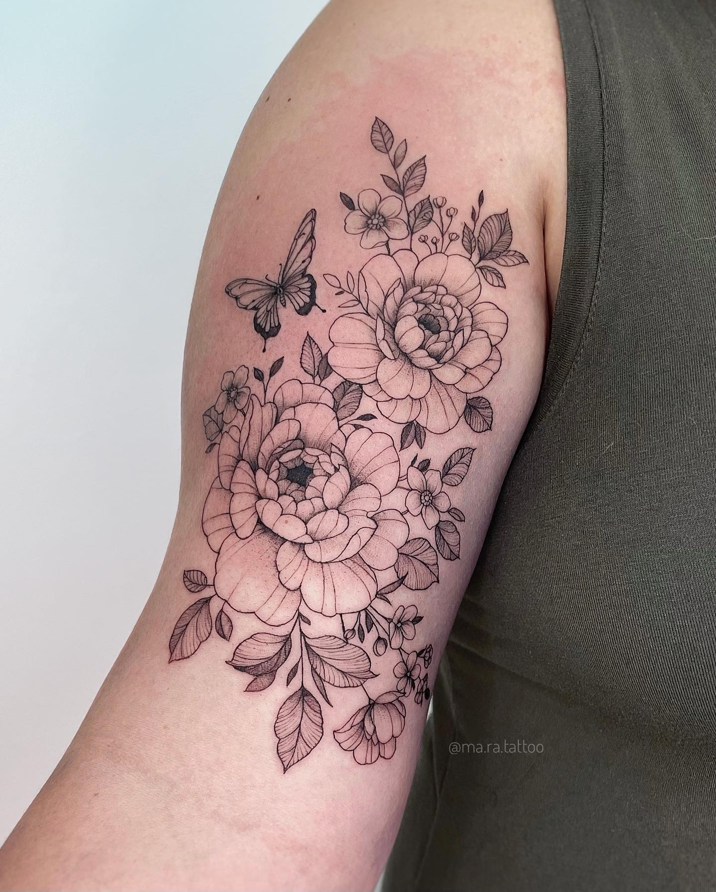 Peony and Butterfly Floral Sleeve Tattoo peony tattoos ideas tattoo