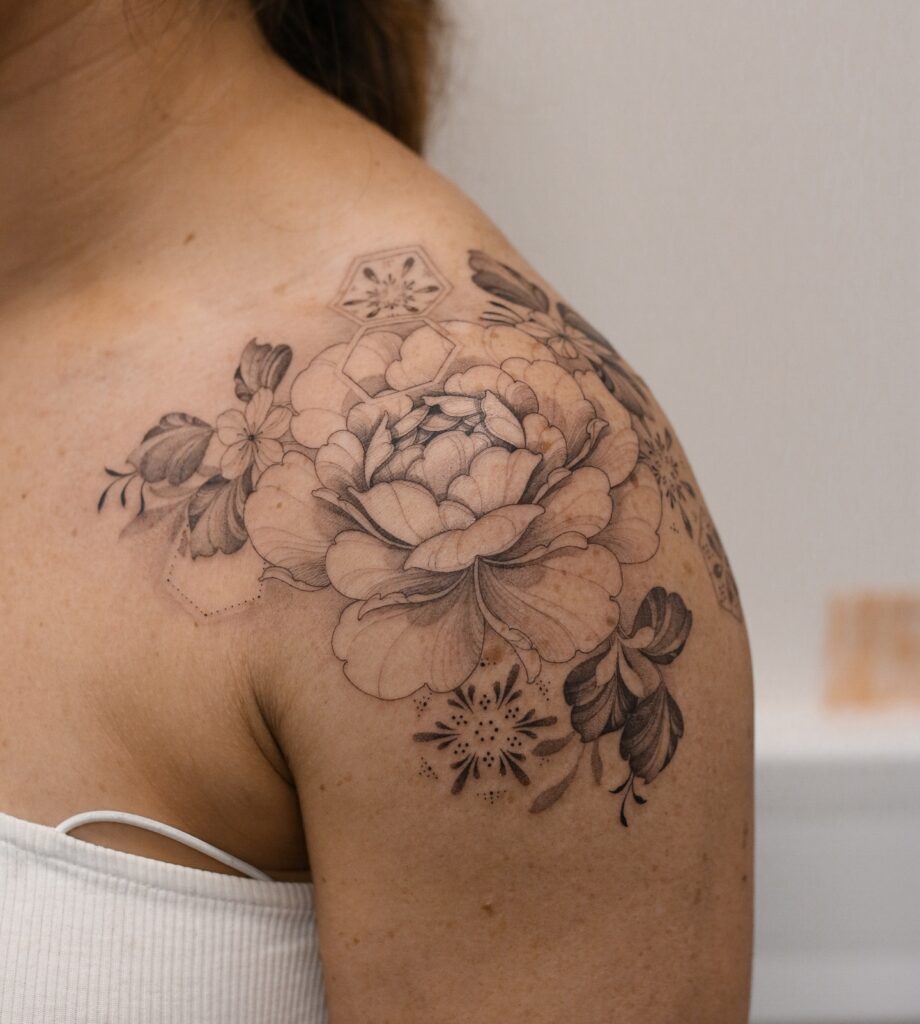Peony and Mandala-Inspired Shoulder Tattoo women shoulder flower tattoo ideas tattoo