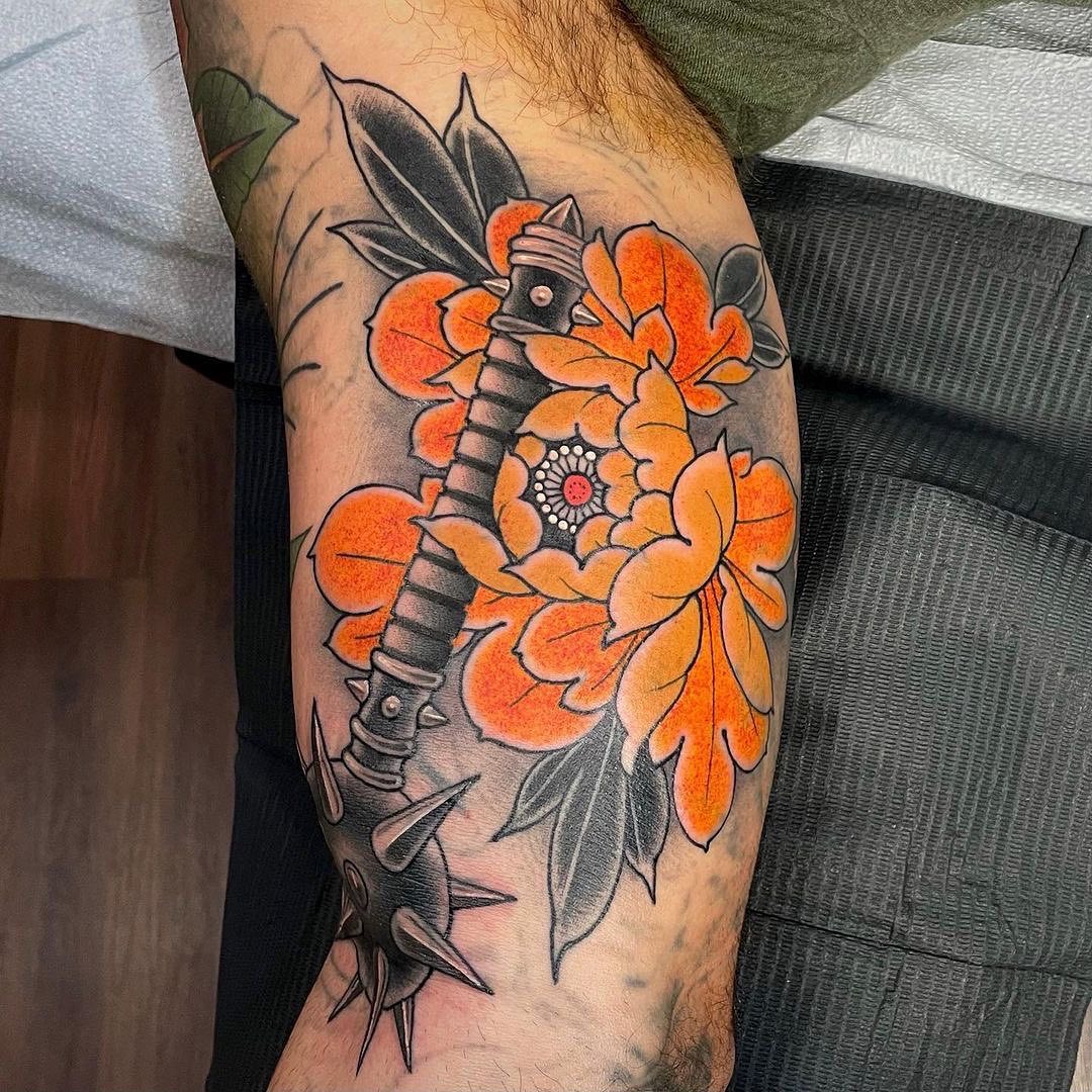 Peony and Spiked Mace Tattoo peony tattoos ideas tattoo