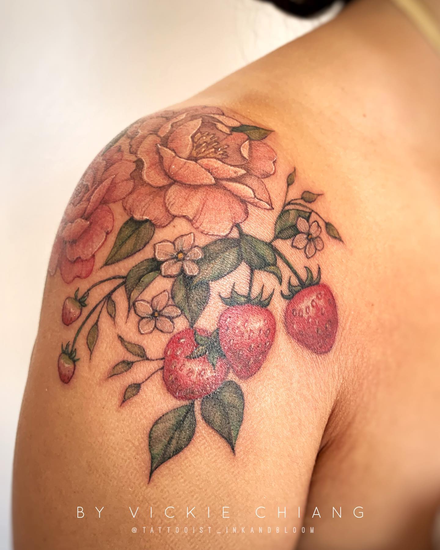 Peony And Wildflower Shoulder Cap Tattoo