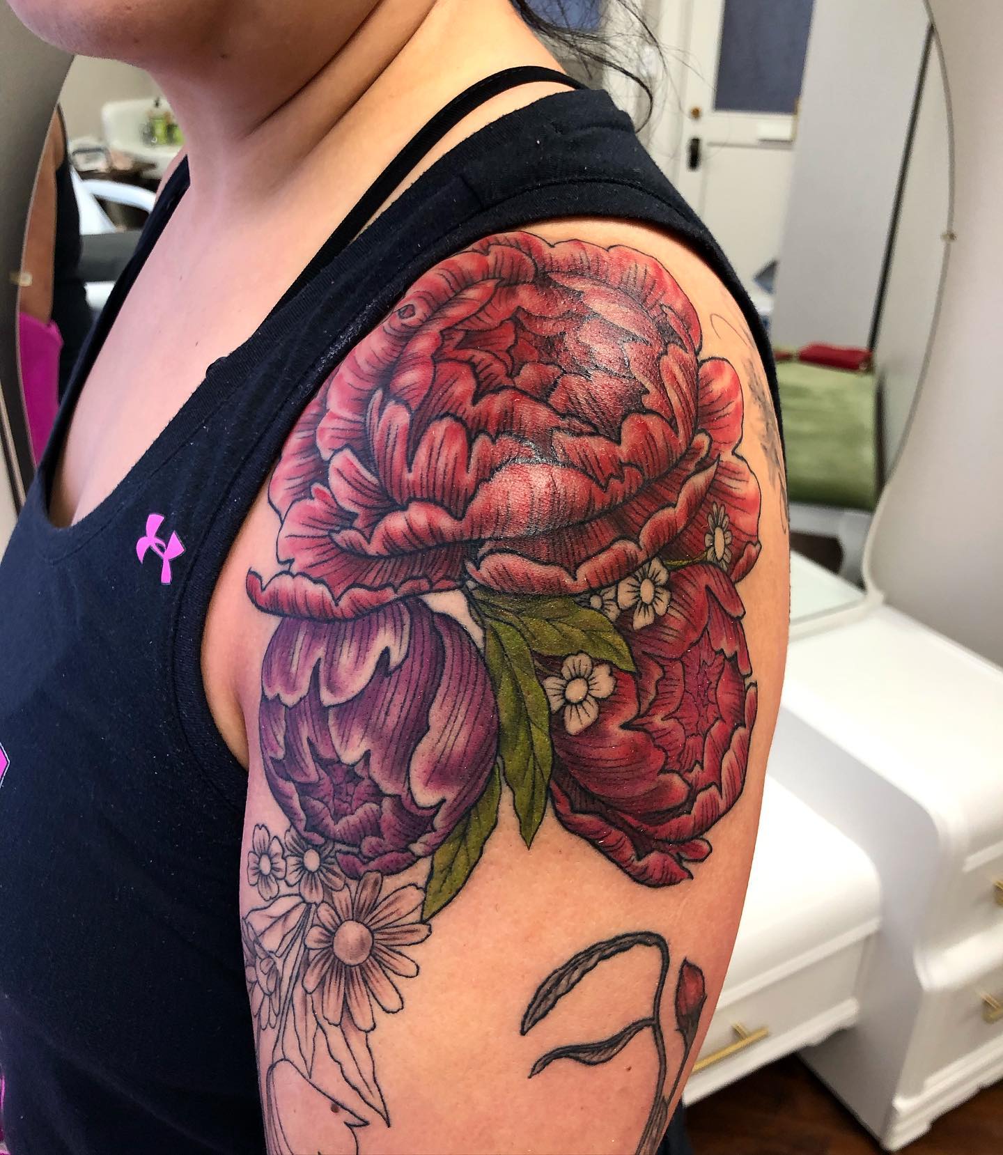 Peony And Strawberry Shoulder Cap Tattoo