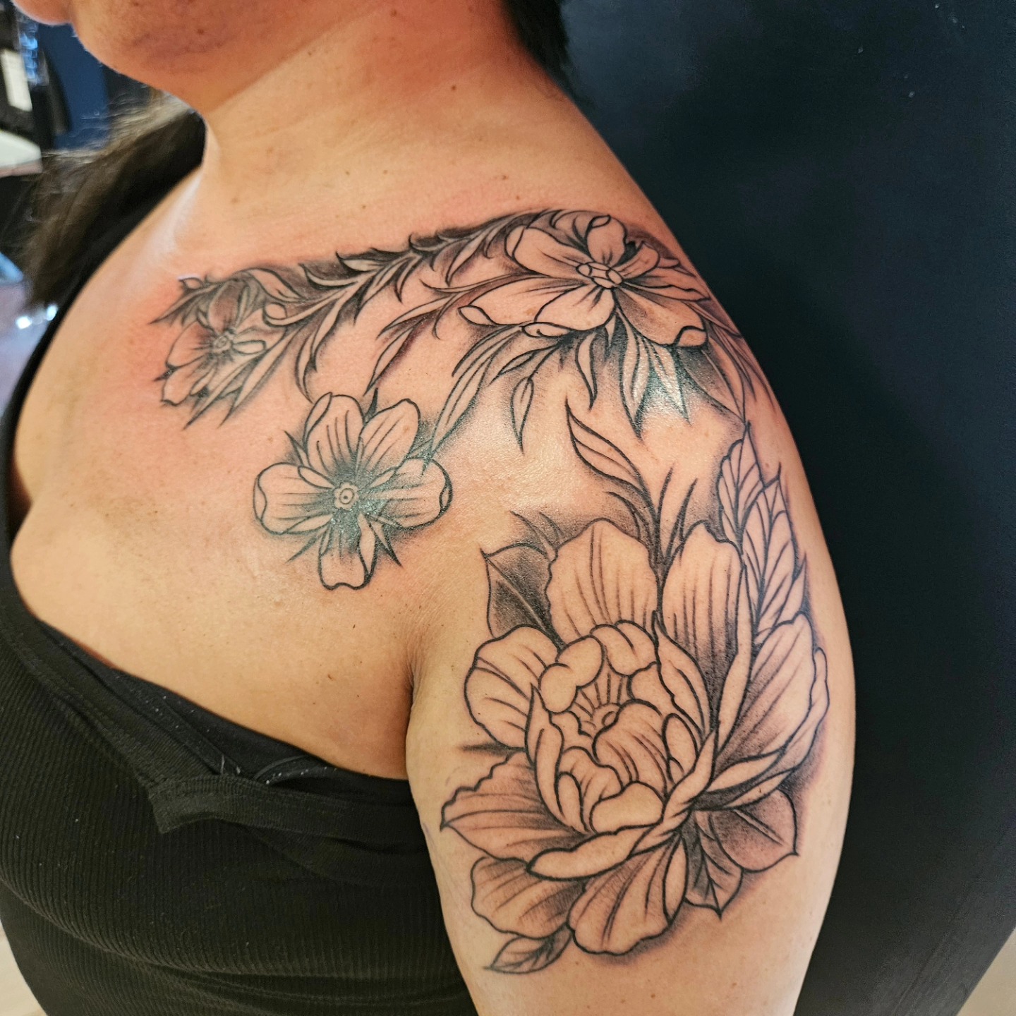 Peony and Wildflower Shoulder Tattoo japanese flower tattoos tattoo
