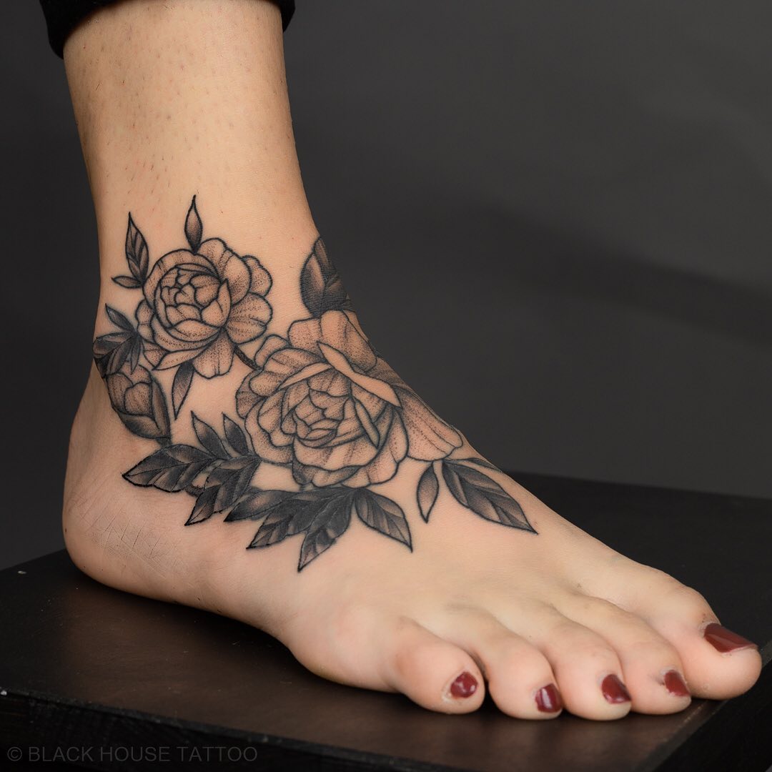 Peony Ankle and Foot Tattoo peony tattoos ideas tattoo