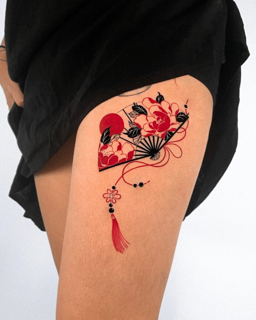Peony Fan Tattoo with Red Accents and Tassel peony flower tattoo ideas tattoo