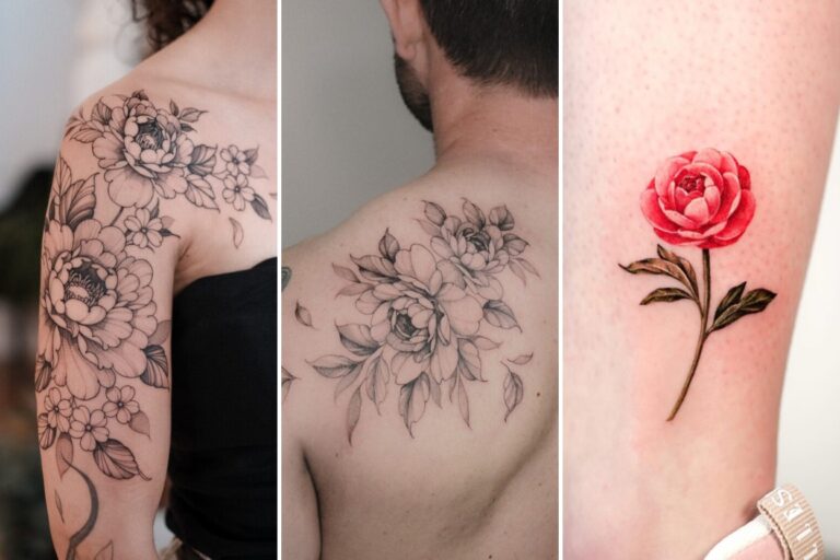 Aesthetic peony flower tattoo ideas and delicate ink ideas collage