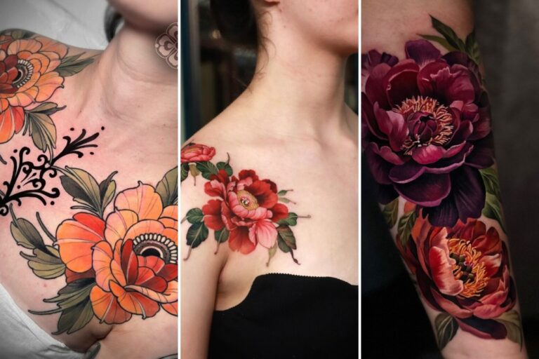 Aesthetic peony flower tattoo ideas and delicate ink ideas collage